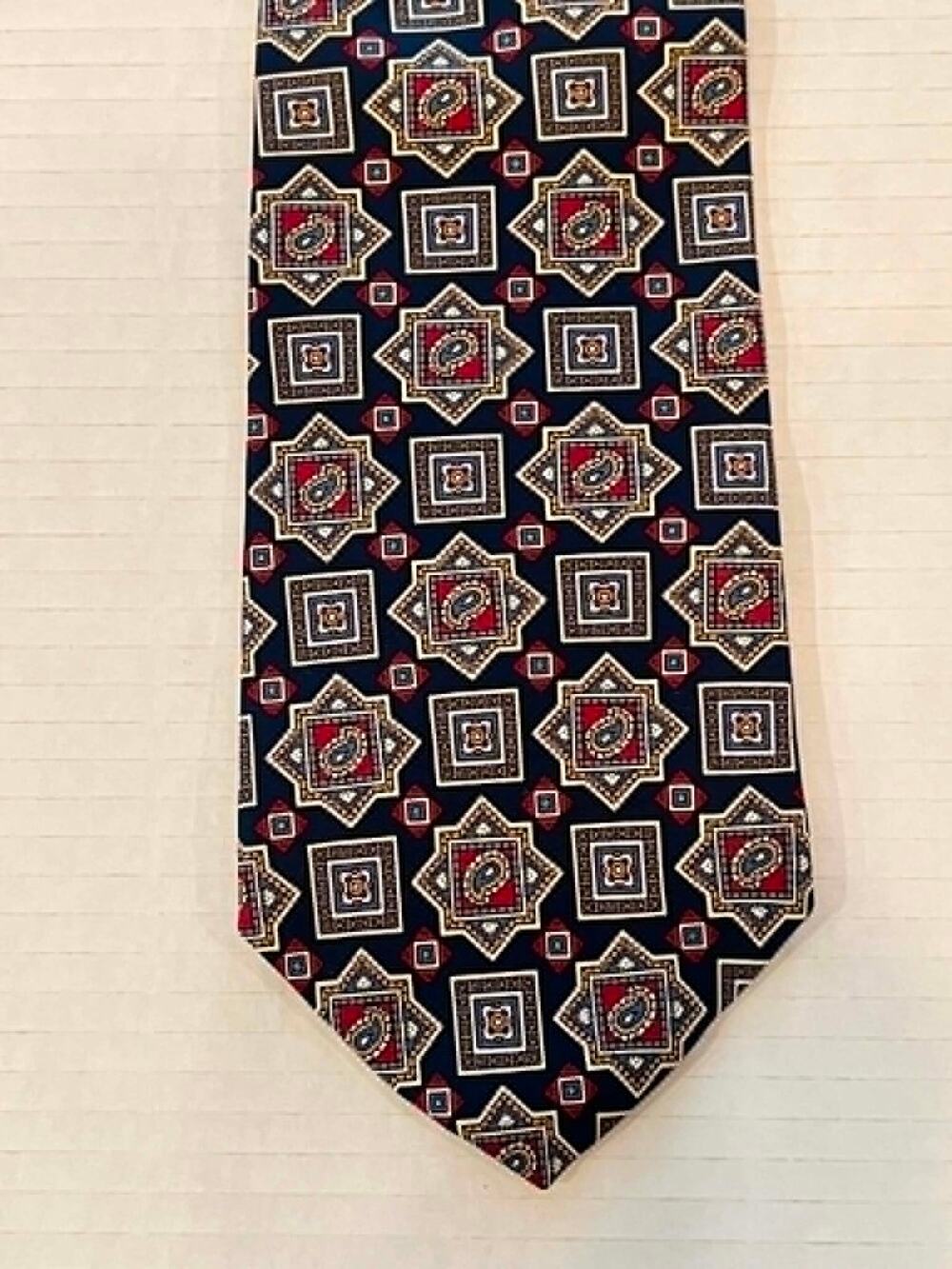 Vintage CHRISTIAN DIOR Silk Jacquard Tie Navy Medallion Red Gold Designer COA